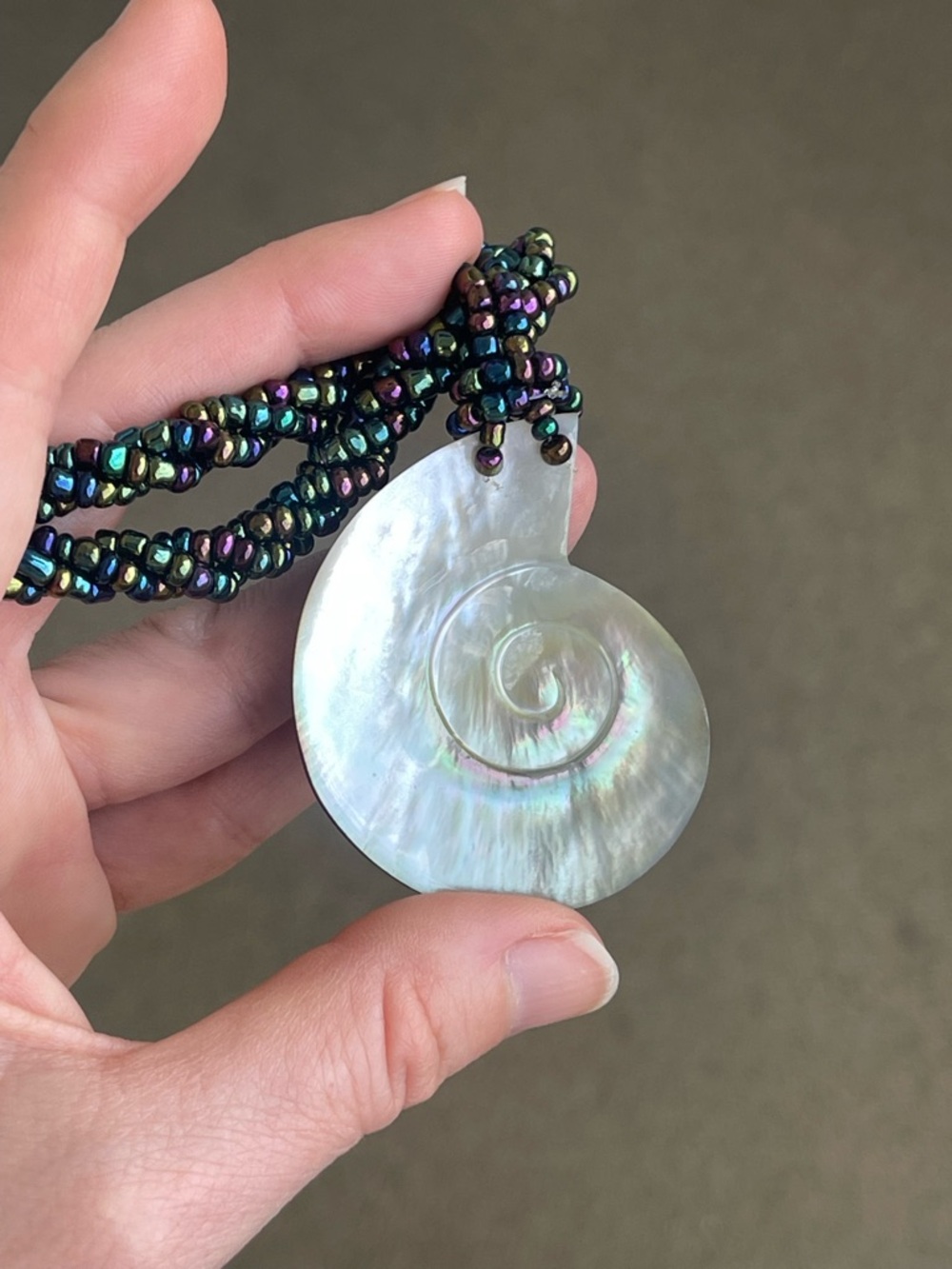 Iridescent Mother of Pearl Pendant Necklace Iridescent Black Beads